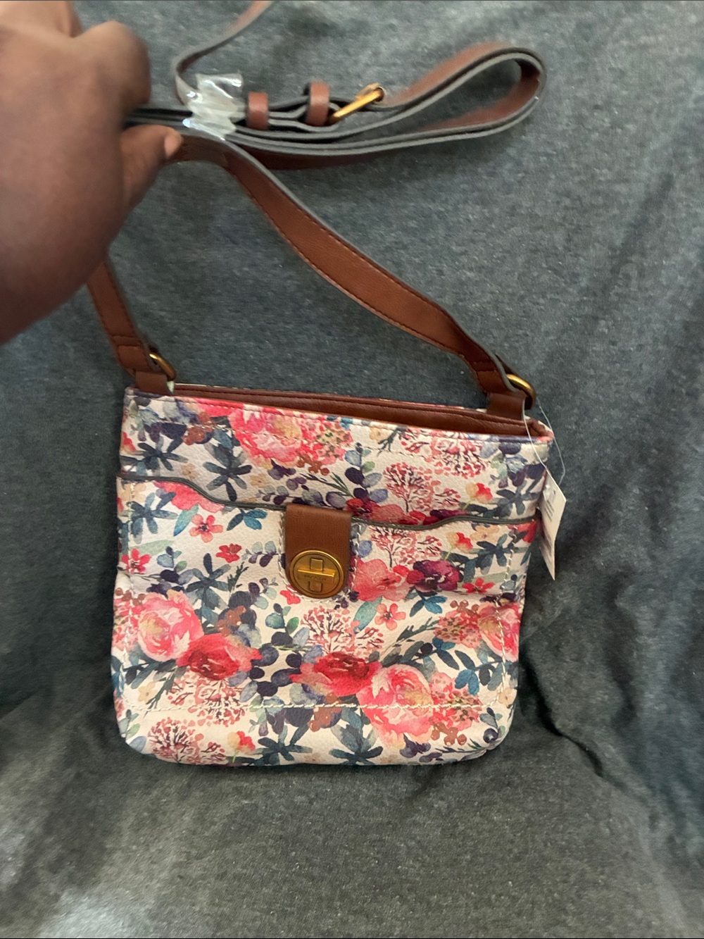 Rosetti Pink and Blue Floral Crossbody with Brown Trim